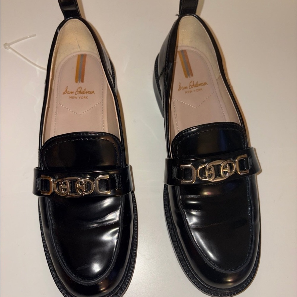 Sam Edelman Black Patent Loafers with Gold Chain Accent